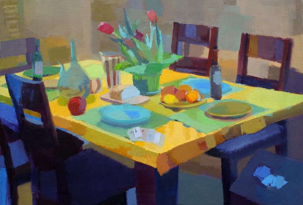 Representational oil painting of still life with yellow tablecloth by Massachusetts painter Jennifer O'Connell
