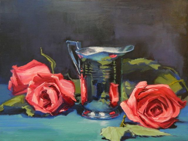 our painting "Flowers And Reflections" showing three red roses and a silver milk pitcher our painting "Flowers And Reflections" showing three red roses and a silver milk pitcher