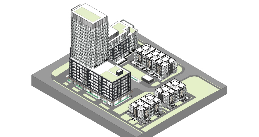 South east aerial perspective of 2180 Lawrence Avenue East, image via Kohn Partnerships Architects.