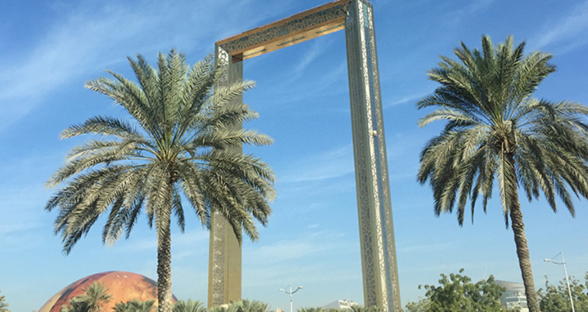 The Dubai Frame, a 150-meter-high observation platform connected with a 93-meter long skybridge. The tourist attraction offers visitors 360-degree views of the city.