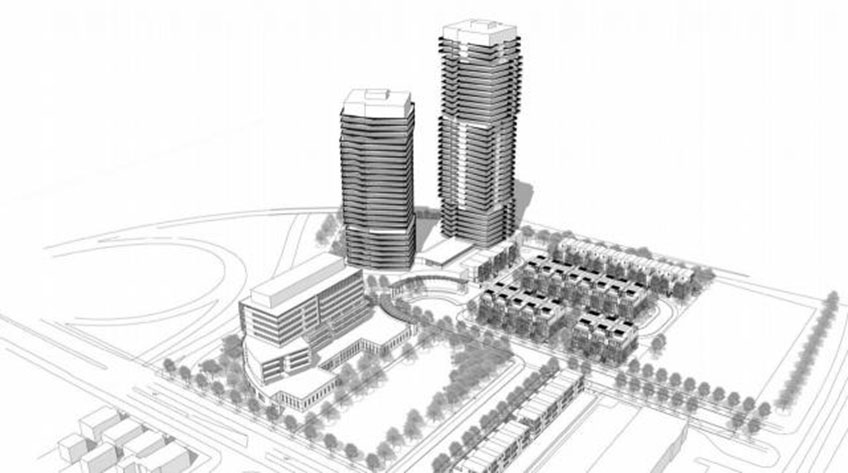 The proposal includes two residential towers, a mid-rise seniors residence, townhouse blocks, and a new public park.