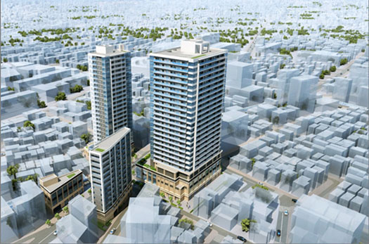 The redevelopment scheme is divided into four multilevel blocks. Image source: Bluestyle