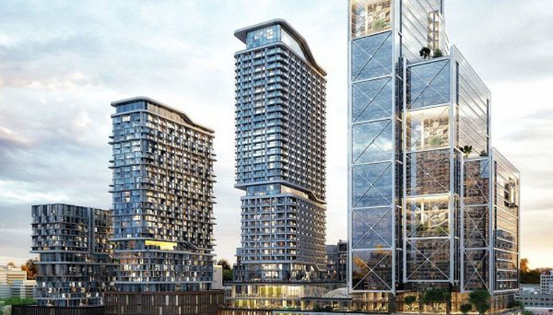 The new development will include a office tower, multiple condominium and rental buildings, pedestrian plazas, plus a retail galleria carving through the site. Image source: Tridel