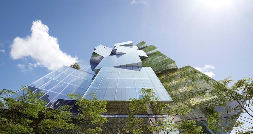 The futuristic tower is inspired by the Japanese paper lantern.