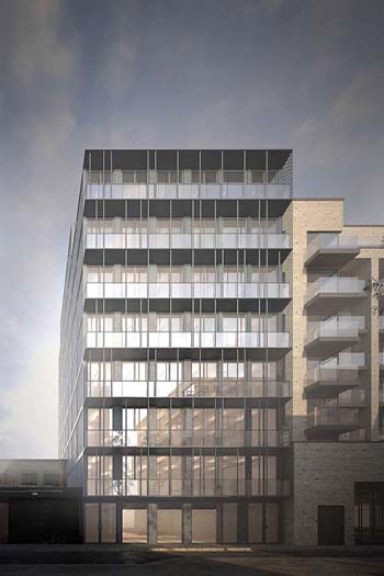 A rendering of the future nine-story shipping-container office tower.