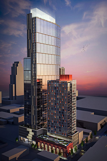 Renderings from Hill West Architects show how the development will incorporate the old National City Bank.