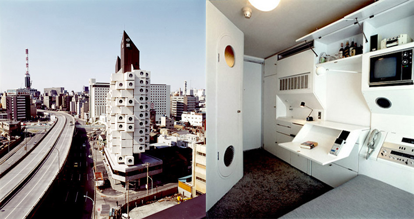The compact capsules, each only 10 square meters in size, were designed as a city crash-pad for business people.