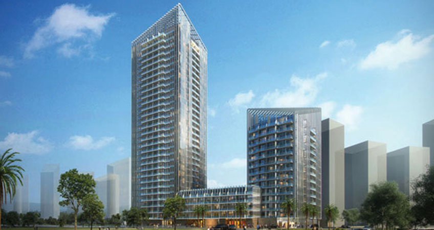 The development, located in the Dubai Marina, consists of 29- and 14-story towers, respectively, and is connected by a four-floor residential podium.