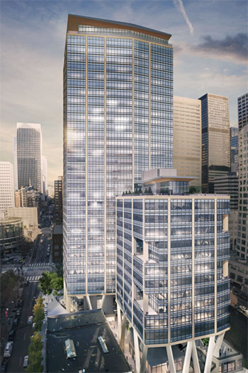 The tower relies on pillars lifting the office portion 85 feet (26 meters) feet off the ground, leaving room for an “urban village” underneath, with retail, restaurants and gathering spaces.