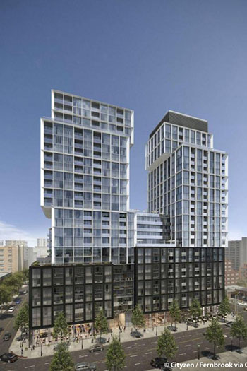 The podium levels will contribute a significant section of streetwall on its south side, rising as a single mass for another ten levels before the building breaks apart.