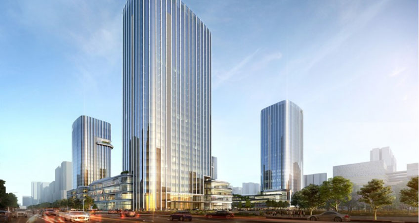 Fronting a large civic plaza and straddling a linear park, the project is anchored by four towers and features 12  office “villas” designed to provide an intimate scale. Image Credit: Goettch Partners