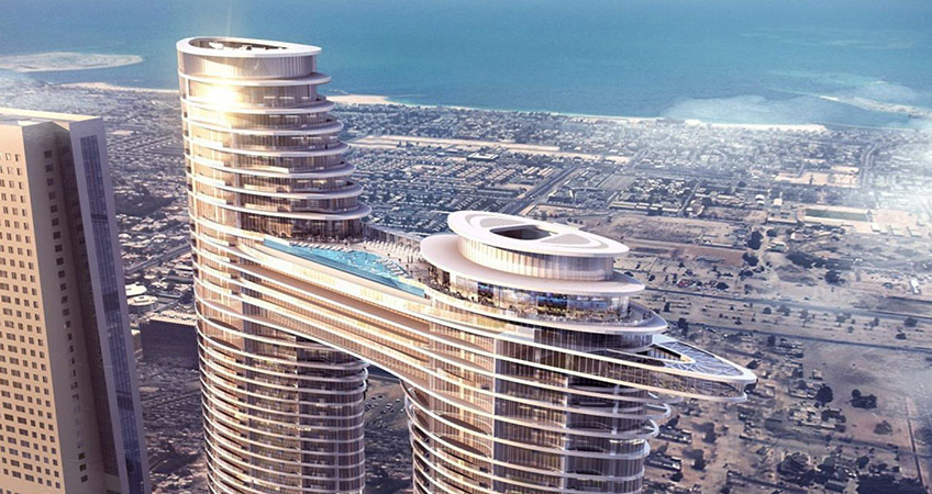 The distinct building will offer Burj Khalifa or Arabian Gulf views, rooftop pools and a 220-meter skybridge.