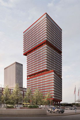 The red tower and its more demure residential twin received positive feedback at Philadelphia’s Civic Design Review committee earlier this month. Credit: PAU/Brandywine