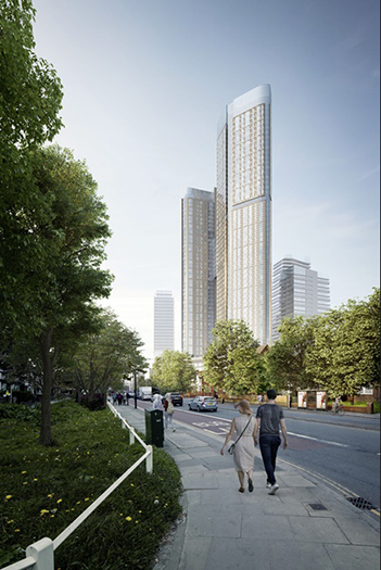 The Portal Way project consists of two linked towers of 45 and 55 stories, which will be connected by a skybridge between the 26th to the 34th floors, as well as joined by a podium at the base.