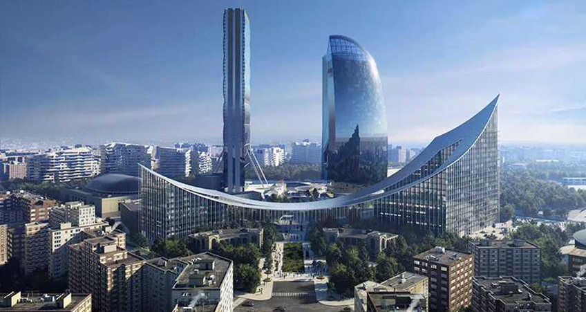 The complex contains two individual buildings connected by a 140-meter-long hanging roof structure.