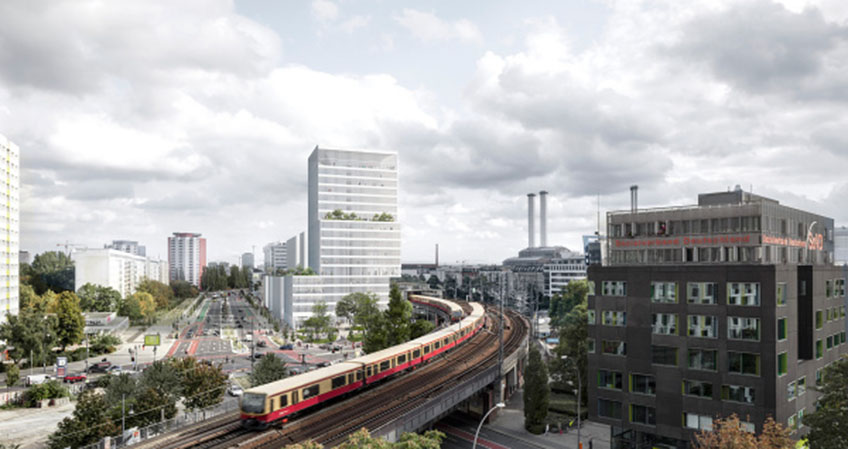 The compact building volume is modulated in such a way that projections and recesses reference neighboring buildings and the adjacent urban railway.