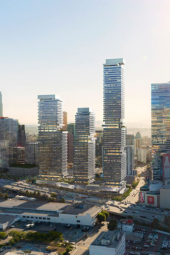 The design calls for slim towers of 43, 53 and 65 stories that would be connected at the lower levels with dining, shopping, and landscaped outdoor spaces.
