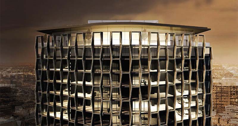 The signature honeycomb fins on the exterior of the tower.