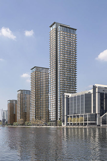 The scheme includes five stepped towers, with the largest standing at 44 stories, which will provide a total of 282 affordable homes alongside market-price housing.