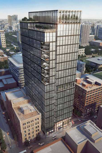 The proposed 30-story Rivere would rise at the corner of Dearborn and Illinois streets and include a rebuilt Engine Co. 42 fire station on part of its ground floor.