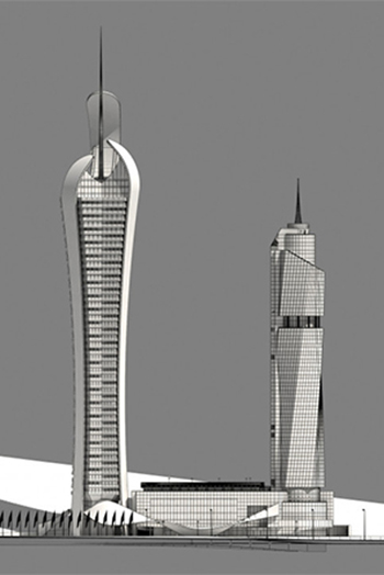 Avaz Ski Tower (left) is planned to have a height of 181 meters including its antenna, making it 39 meters taller than the adjacent Avaz Twist Tower (right).
