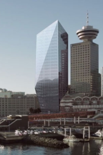 The original proposal to build a modern 26-story office tower next to Waterfront Station was met with criticism from various groups.