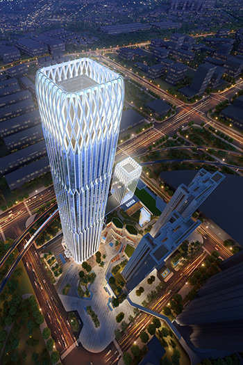 The phased development is anchored by a 335-meter-tall landmark office tower, which will rise 60-stories.