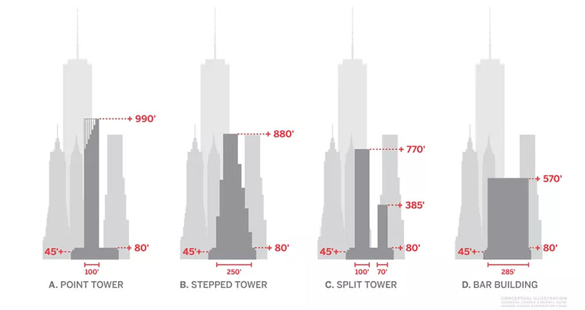 Four options for a tower proposed for 250 Water Street. SOM/The Howard Hughes Corporation
