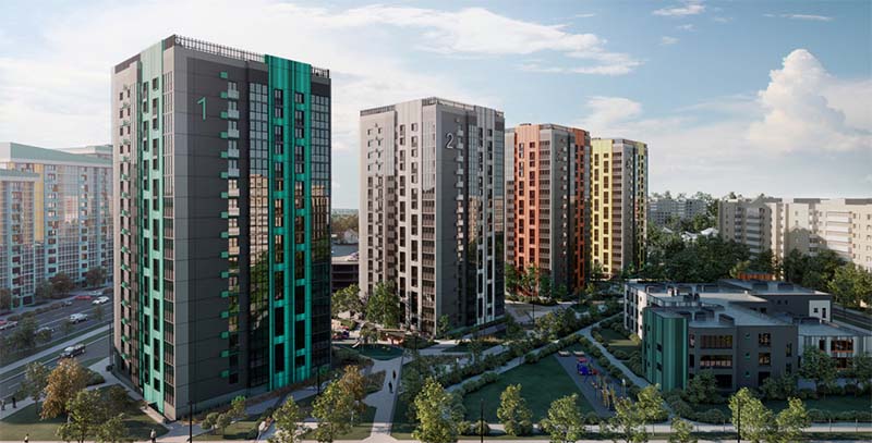 The complex site is situated in the north-eastern part of Minsk in the Sovetskaya district, near the Cnianskoe reservoir.
