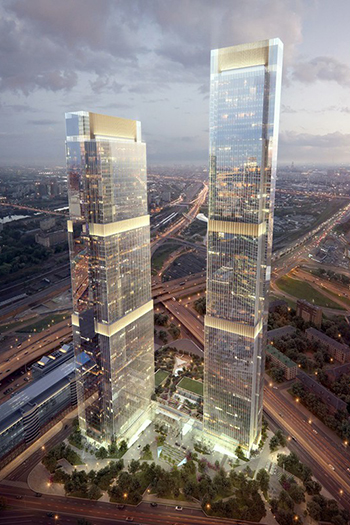 The mixed-use development will be made up of residential, offices, retail, and underground parking spread over two towers with a height of 345 and 297 meters respectively.