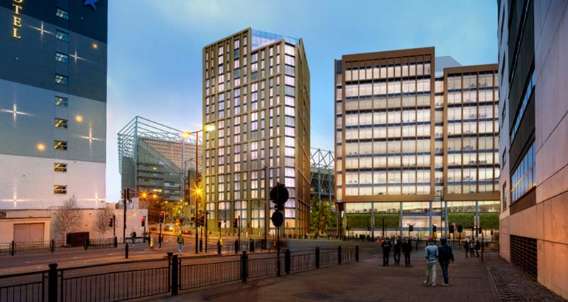 The approved plans include two apartment buildings of 21 and 10 stories, a 12-story office block, and a 13-story hotel.