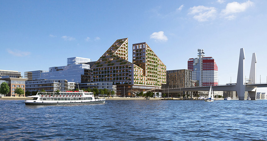 A 15-story timber-concrete hybrid, mixed-use building with numerous resource-conscious initiatives is set to join the Göteborg skyline. Image © Tomorrow AB