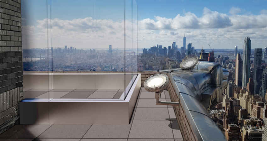 Rendering showing the 8-foot (2.4-meter) glass walls and Manhattan views from the proposed observation deck on the 61st floor of the Chrysler Building. Image Credit: Landmarks Preservation Commission.