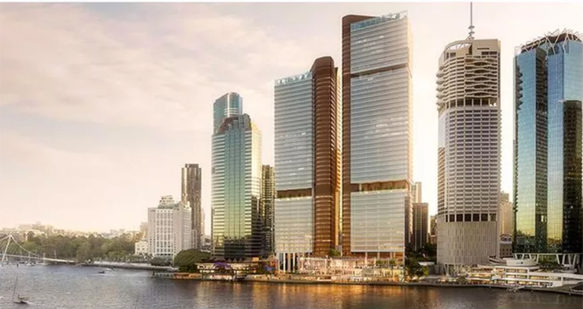 Waterfront Brisbane, proposed over the existing Eagle Street Pier and Waterfront Place sites, is situated within the Golden Triangle of the City Centre, which contains 248 square meters of direct frontage to the Brisbane River. Image: Fjmt/Arkhefield
