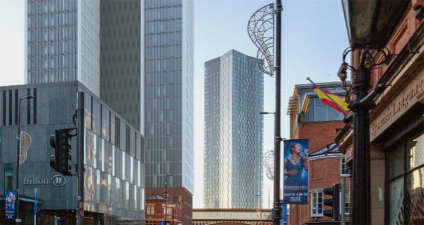 An artist's impression of the hotel's reception area and ground floor, with the Castlefield Viaduct on the right. (Image: Ask Real Estate/SimpsonHaugh).