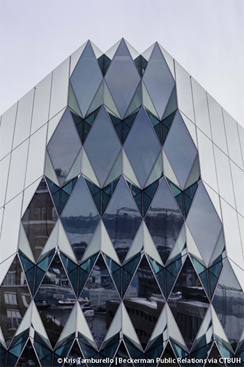 Solar Carve Tower's façade was specifically engineered to reduce bird strikes, a common problem with transparent façades on tall buildings. The new Bird-Safe Buildings Act aims to address this issue.