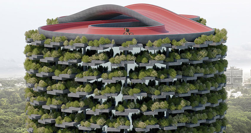 A vertical school planned for Pune, India, will have an infinity-shaped cycling path on its roof and planted balconies.
