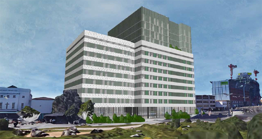 An office block has been slated to be replaced with a 21-story student accommodation tower, but a new proposed scheme wants to incorporate the existing building into a renovation to fit better with local context.