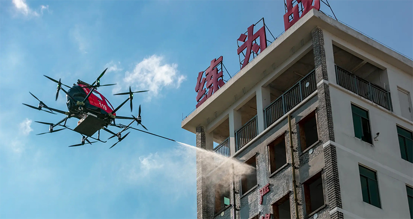 Because the drones can function as a fleet and be remotely controlled or autopiloted, the 216F will be able to arrive at the fire before first responders, according to its maker.