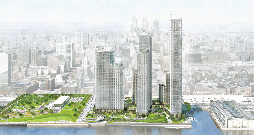 Twelve new towers of homes, shops, and offices on either side of a park being planned over a highway in Philadelphia have been approved by a key waterfront board.