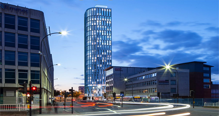 A 206-unit residential tower would rise in central Sheffield, replacing a defunct department store.