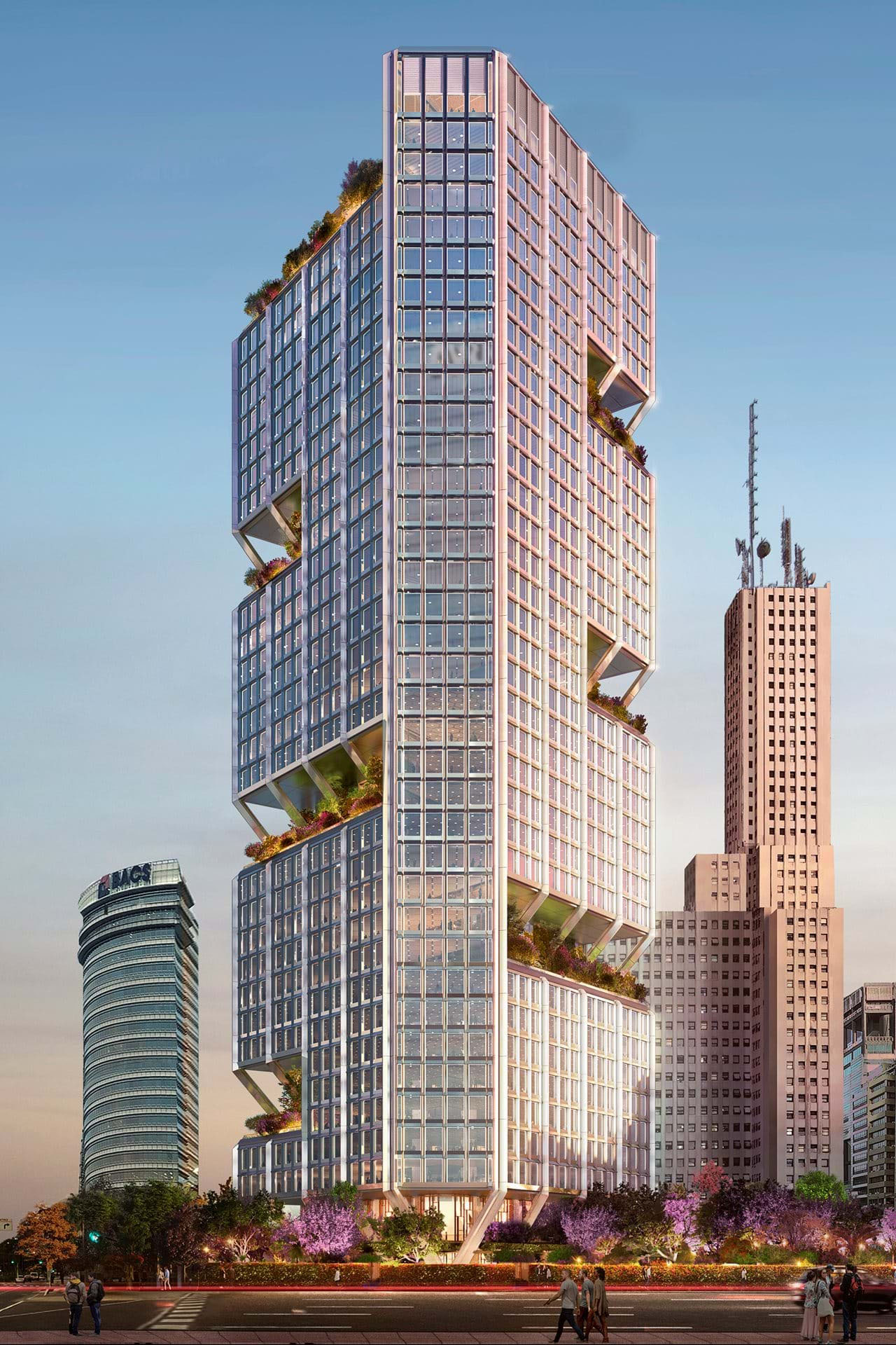 The design of Avenida Cordoba 120, with its triangular shape and three-story terraces, provides flexible workspaces and informal spaces to gather.