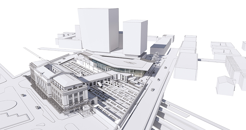 The new, glassy train station will connect to the existing Beaux-Arts Pennsylvania Station to the south via a concourse. (Courtesy Gensler)