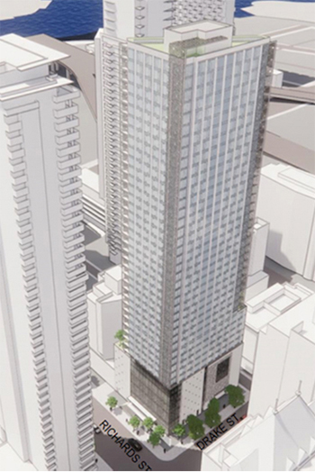 Conceptual artistic rendering of 508 Drake Street and 1317 Richards Street, Vancouver. (DA Architects & Planners/MCYH Multigenerational Housing Society/Larco)