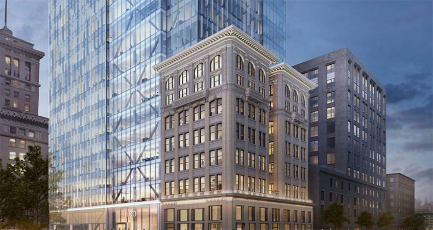 The Key at 12th complex in downtown Oakland, showing a new office tower and the historic Key System building, concept. Gensler, Studio 216.