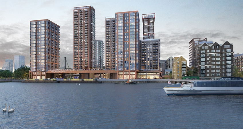 The mixed-use docklands scheme will deliver 826 flats along with warehouse and commercial space.