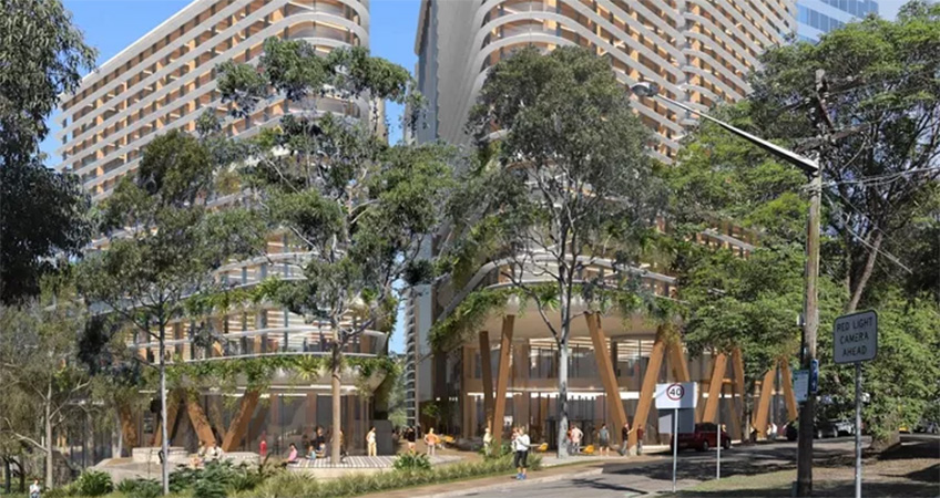 Arrow Capital Partners will build two triangular buildings on the corner site and add to the height of the existing office building in St Leonards. Image: Fitzpatrick and Partners