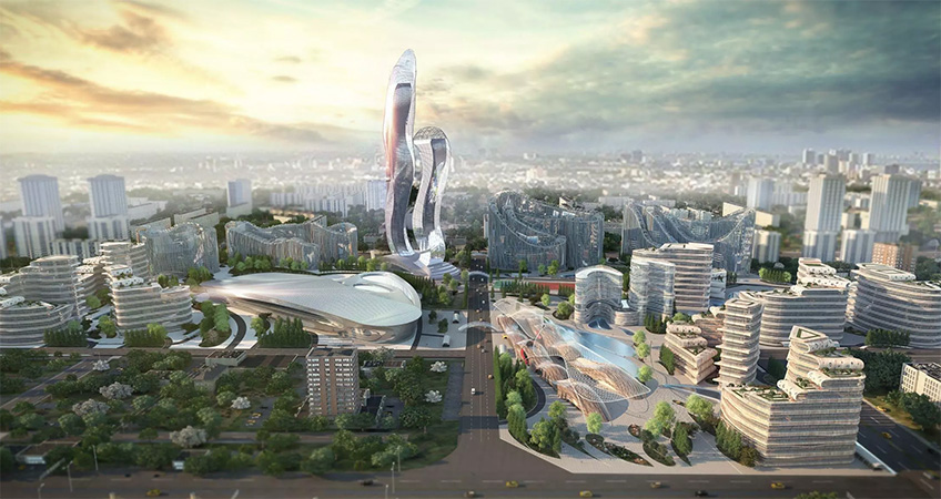  Sinuous curves define the buildings of Akon City. (Courtesy of Hussein Bakri/BAD Consultant/Semer Group)