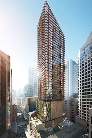 At its base, the sleek tower transitions into a podium, creating a sophisticated connection between the ground-floor club facilities and the newer tower above. Image: BVN