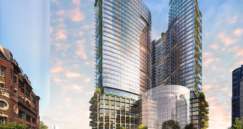 Artists impression of the proposed Central Place project in Sydney. Image: Fender Katsalidis, Skidmore, Owings & Merrill